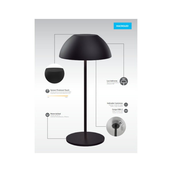 Lampara Velador De Mesa Bell Negro Inalámbrico Led Dimer - Macroled - Image 3